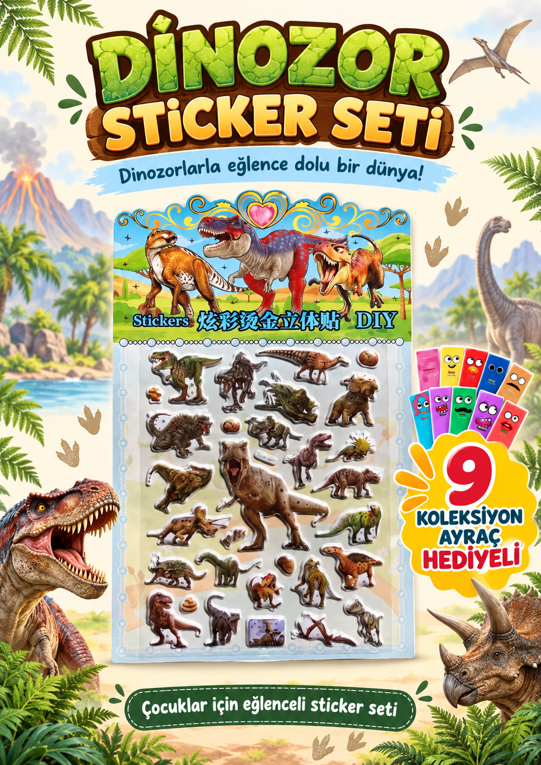Dinazor Sticker - Çocuklar İçin Kabartmalı Sticker Etiket